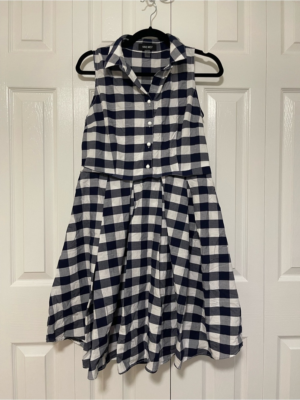 Nine West Womens Navy and White Gingham Sleeveless Dress retro cottage core